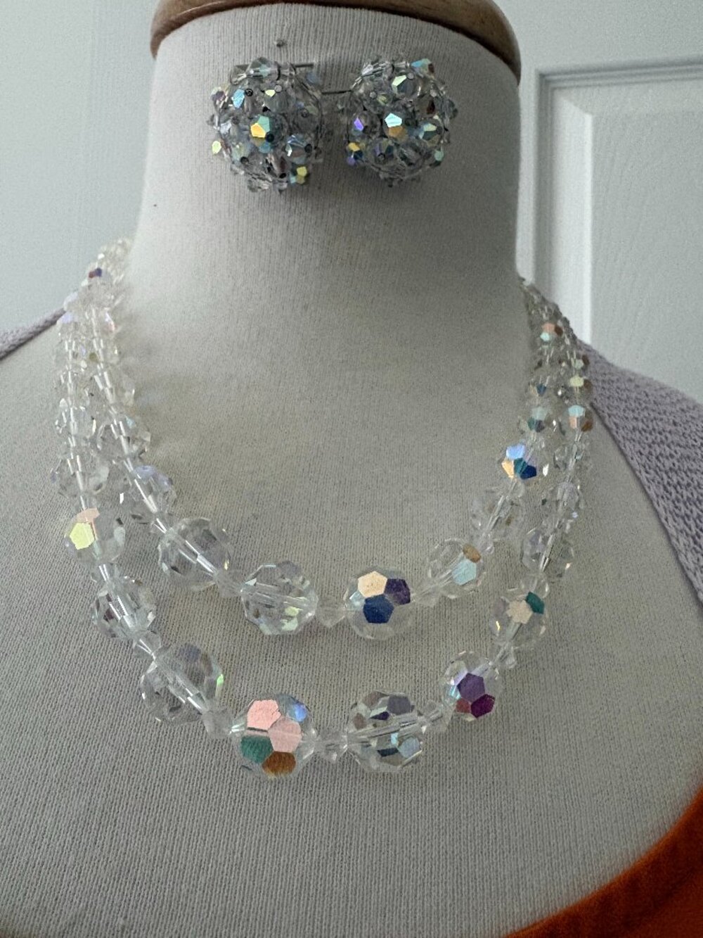 Vintage Double Strand Crystal AB Beaded Necklace and Clip-On Earrings